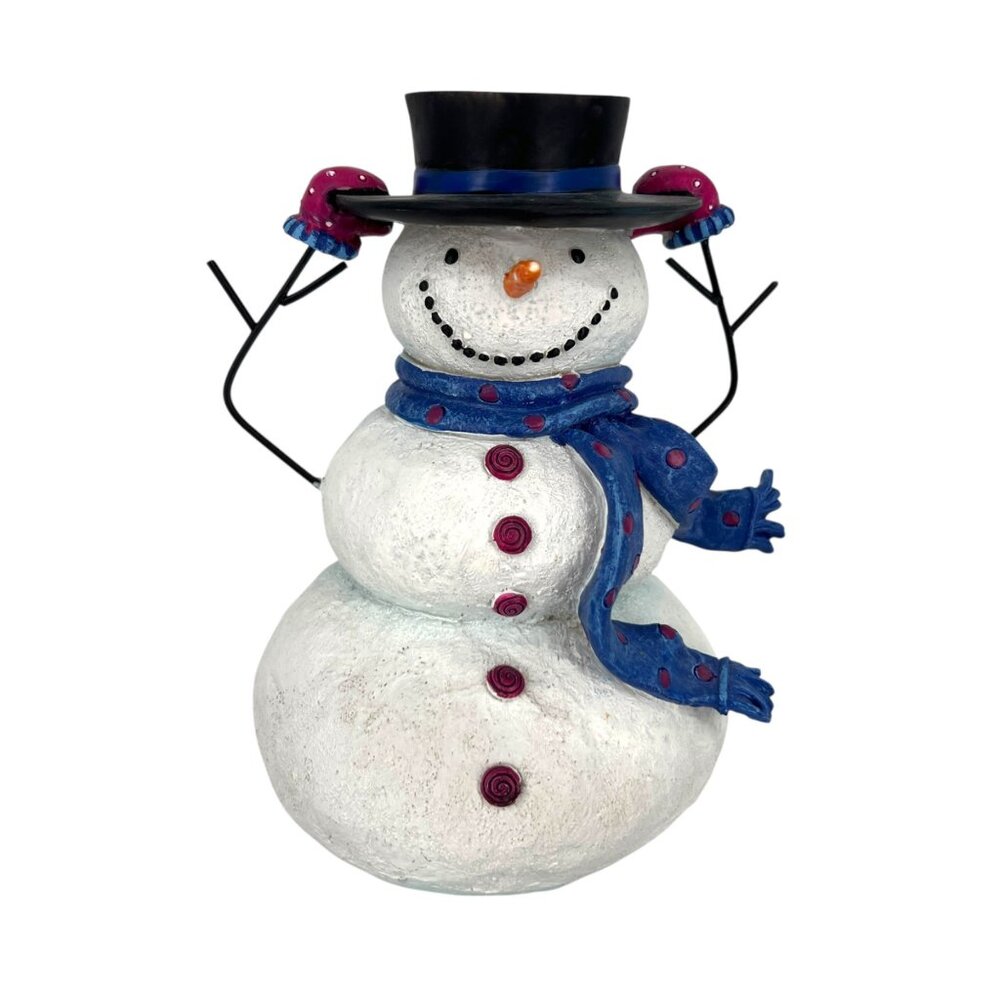 Snowman Figurine Christmas Tea Light Holder With Blue Scarf Black Hat Decor